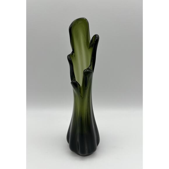 Norleans Hand Blown Five Finger Swung Glass Vase 10” Dark Green - Picture 1 of 9